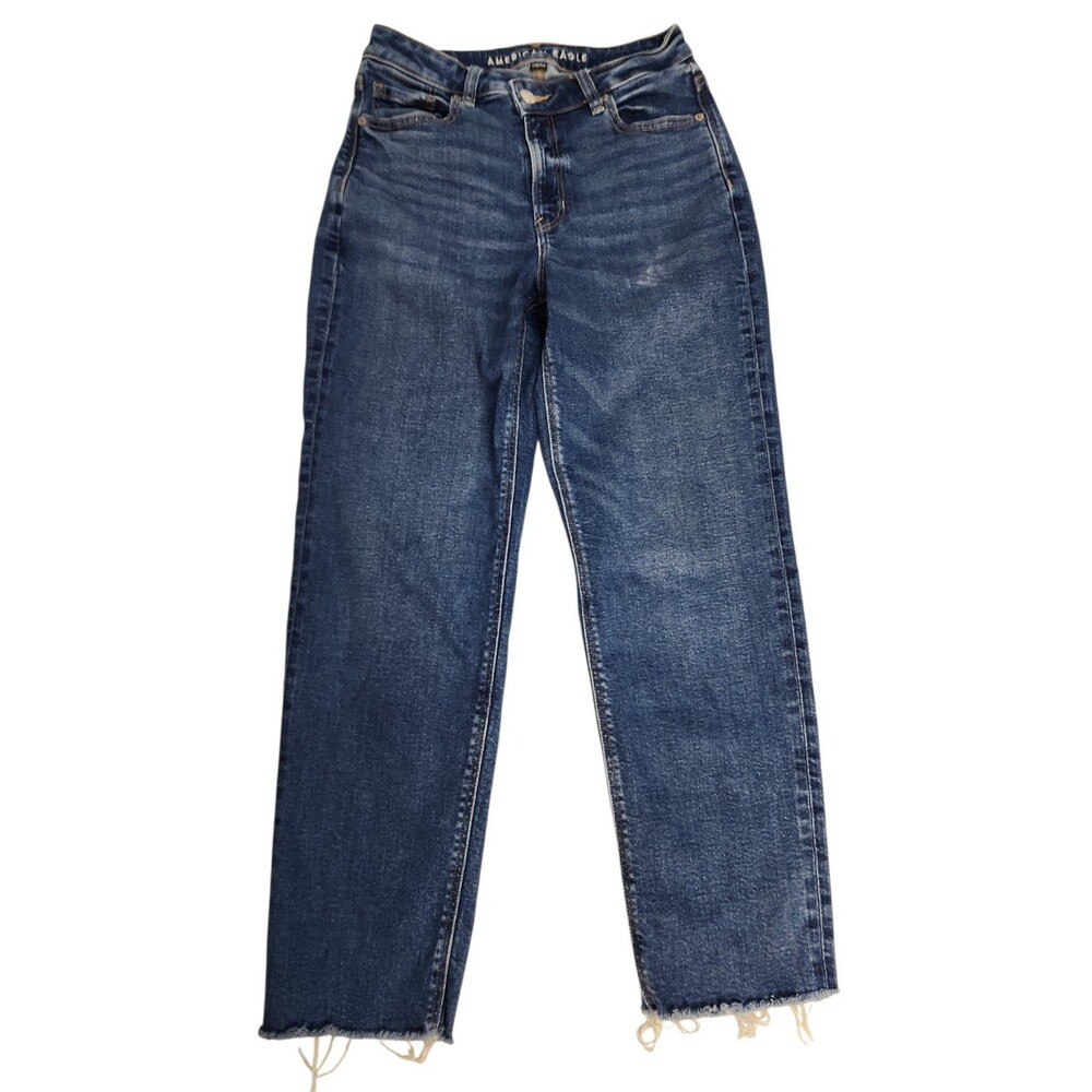 American Eagle Mom Straight Jeans Dark Wash Blue‎ Jean Size 4 Stretch Raw Hem